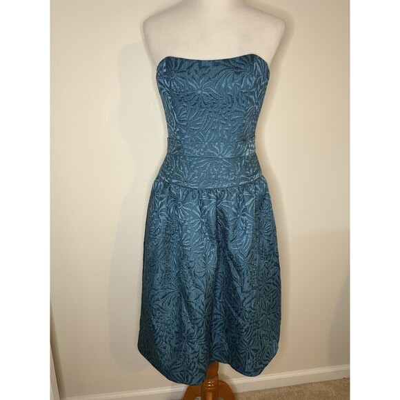 Monique Lhuillier Jacquard Dress Strapless Silk Wool Rare Vintage Teal USA Sz 6 - Picture 1 of 10